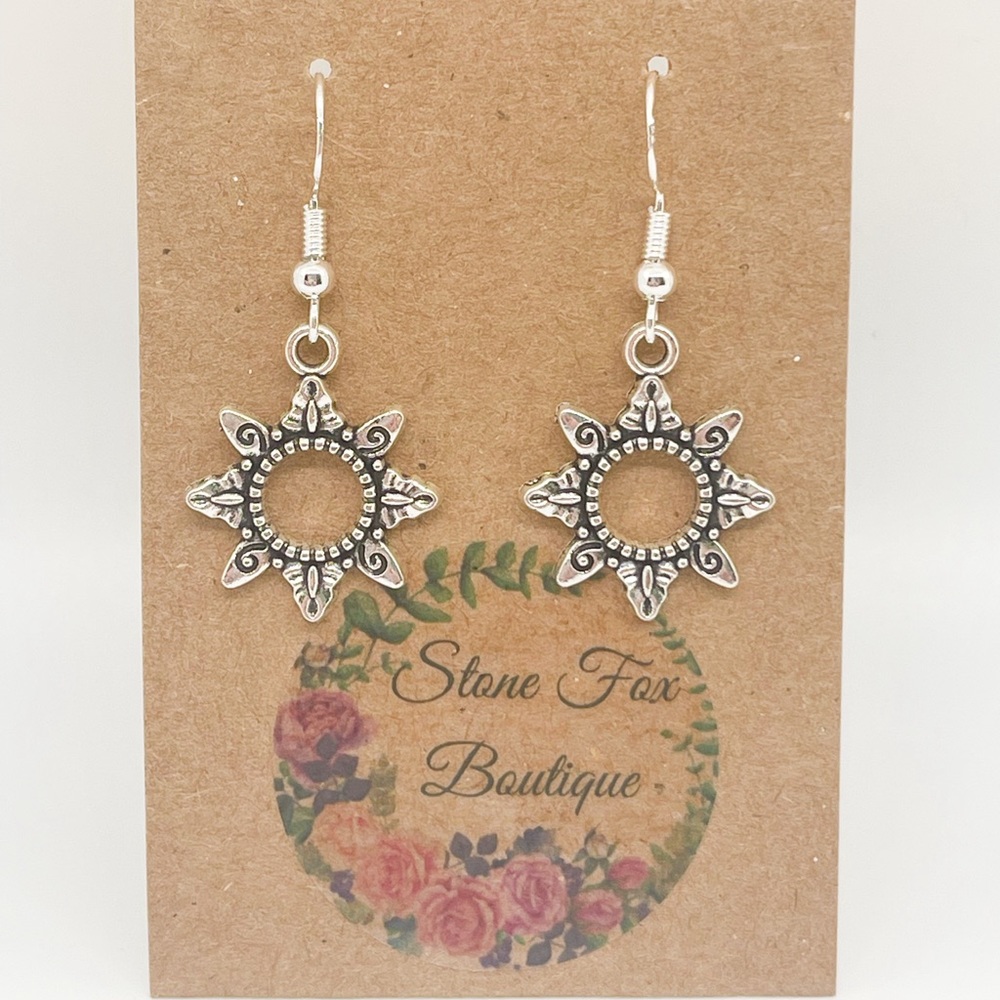 .925 Sterling Silver Hook Wire Earrings with Aztec Sun Novelty Charms.